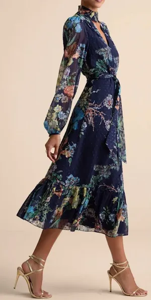 NWT Lulus Size XL Fallyn Navy Blue Floral Swiss Dot Long Sleeve Midi Dress thumbnail 1