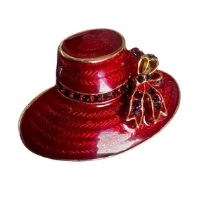 Red Enamel Wide-Brim Hat Brooch w/ Rhinestone Bow, Gold Tone thumbnail 5