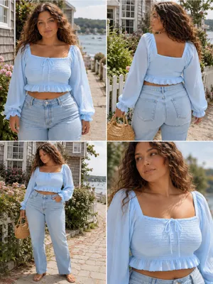 Celebrity Pink Blue Smocked Crop Top Large Cottagecore Balloon Sleeve Peasant thumbnail 2