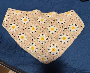 Handmade Crocheted Daisy Triangle Scarf in Beige, White & Yellow thumbnail 1