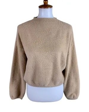 Princess Polly‎ Beige Fuzzy Cropped Balloon Sleeve Sweater XS S thumbnail 1