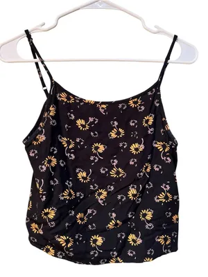 Kimchi Blue Women's Size Small Cropped Tank Top Black Yellow Daisy Floral Square thumbnail 1