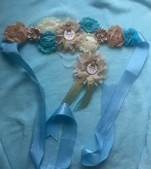 Floral Maternity Sash Belt and brooch in Blue, Cream & Tan thumbnail 1