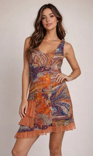 ✨🌈‎ Tango Mango Abstract Lace Overlay Ruffle Hem Dress Size L 🌈✨ thumbnail 1