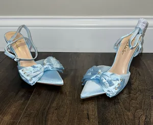 NWOT Lulus Light Blue Satin Rhinestone Bow Stiletto Heels thumbnail 1