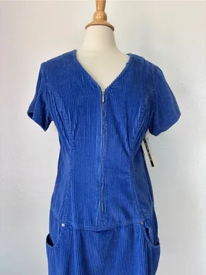 Vintage 80s Deadstock Blue Corduroy Short Sleeve Zip-Front Dress thumbnail 2