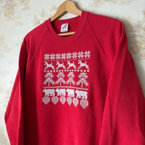 Vintage 80s 90s red reindeer bear Christmas cross stitch granny crewneck sweater thumbnail 1