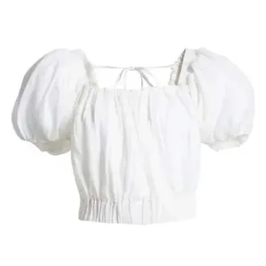 Frame Ruched Crop Puff Sleeve Blouse in Blanc‎ Size Medium NWOT thumbnail 4