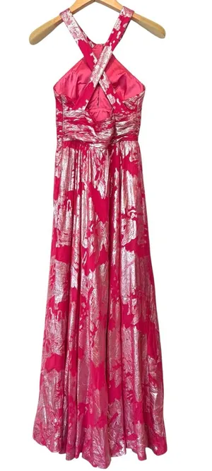 Aidan Mattox Pink Silk Silver Metallic Halter Gown Size 4 thumbnail 1