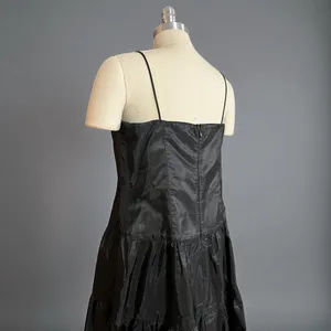 Niki By Niki Livas Vintage 80s Black Spaghetti Strap Crinkle Taffeta Tiered A Line Dress thumbnail 8
