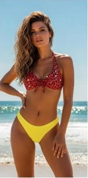 Hollister Bikini Tops‎ Lot of 2 Womens XS Leopard Print & Yellow Front Tie thumbnail 1