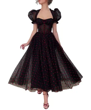 Heart Print Tulle Corset‎ Midi Dress Small Black Red Goth Coquette Prom Formal thumbnail 1