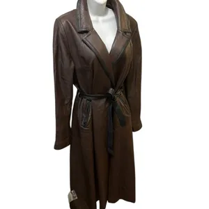 VTG Brown Leather Trench Coat Belted Contrast Trim Minimalist Chic Sz 16 Lined thumbnail 2