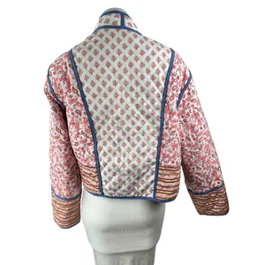 Reversible Women's Pink Blue Quilted Floral Open Front Crop Puffer Coat Jacket M thumbnail 3