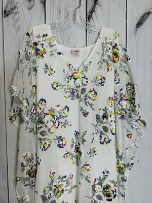 Buddy Love Atlas Sequin Caftan Maxi Dress Sz L White Floral V-Neck Relaxed Fit thumbnail 2