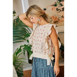 BiBi Flower Printed Ruffle Sleeve Trim Detail Top - Red Flower - Large thumbnail 9