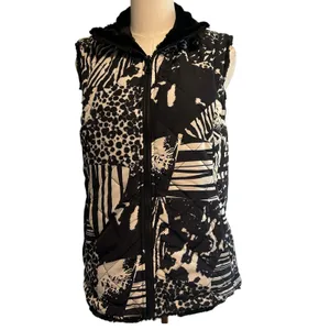 Puffer Vest Faux Fur Lined SM Black White Pockets Quilted Animal Print Multiples thumbnail 2