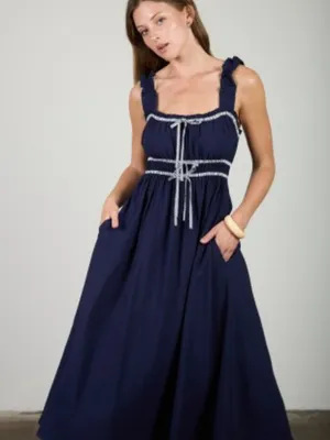 Shirred Stripe Front Tie Sleeveless Midi Dress thumbnail 7