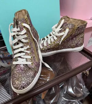 Steve Madden Earnst-G Pink Gold Glitter High Top Sneakers Womens 7.5 Zipper thumbnail 1