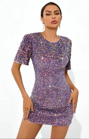 SHEIN Short Sleeve Purple Sequined Mini Dress thumbnail 1