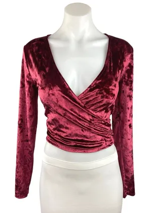 Planet Gold Red Velvet Velour Holiday Long Sleeve Wrap Tie Blouse Crop Top Sz M thumbnail 1