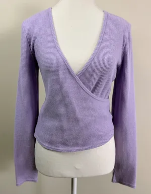 Aerie Lavender Purple Waffle Knit Faux Wrap Long Sleeve Top V-Neck Medium thumbnail 1