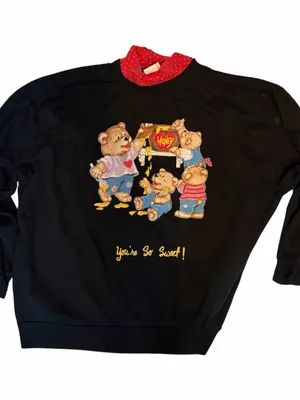 Basic Editions Black Sweatshirt with Red Polka Dot Collar and Honey Bear Graphic thumbnail 1