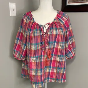 Sundance Tender Plaid tie neck ruffle blouse size large pink blue boho feminine thumbnail 1