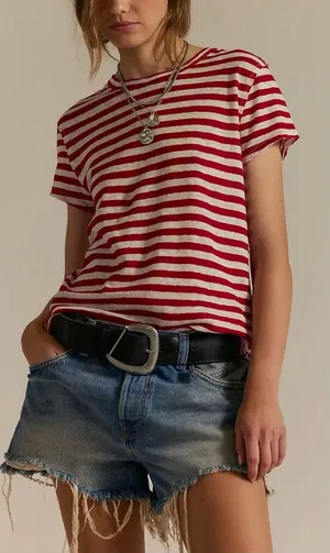 NWT Free People We The Free Nora Striped Linen Tee - Red Combo - XL thumbnail 1