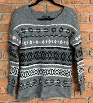 American Eagle Outfitters‎ Womens Fair Isle Knit Sweater Gray Black White Size S thumbnail 1
