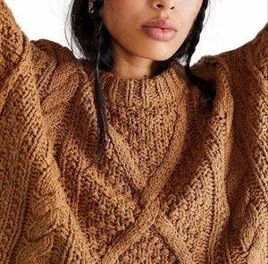 Free People Cutting Edge Cable Knit Pullover Sweater Camel Crop Cotton Size Smal thumbnail 12