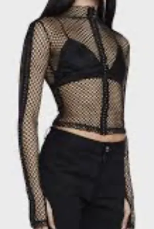 SheIn Black Mesh Punk Rave Mesh Fishnet Zip-up Top thumbnail 1