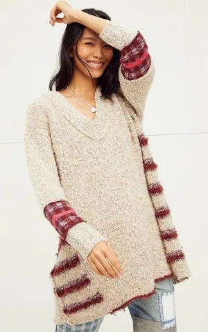 Free People Cloud Oversized Tunic Sweater V Neck Grey Tan Red Pink Size XS thumbnail 1