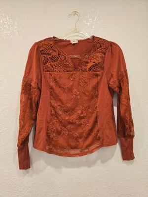 Anthropologie Tiny Noah Embroidered Lace Blouse Burnt Orange XS thumbnail 5