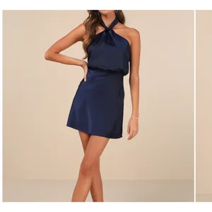 Lulus Women's XXS Sleek Essence Navy Blue Satin Halter Sleeveless Mini Dress thumbnail 2