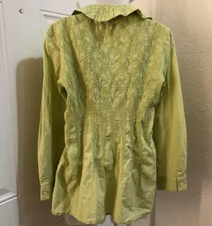 Unique green cottagecore long sleeve button up down shirt blouse ruffled exaggerated peter pan collar thumbnail 2