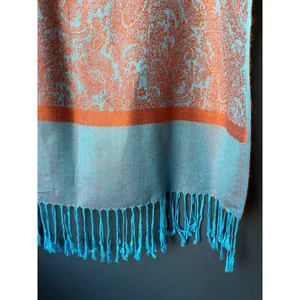 Orange and Turquoise Paisley Patterned Scarf with Fringe thumbnail 4
