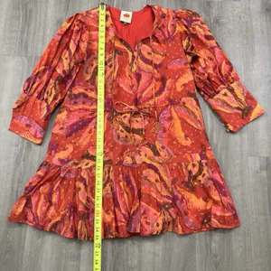 Farm Rio Dress Women's Size Large Red Banana Juice Boho Puff Sleeve Tie Mini thumbnail 6