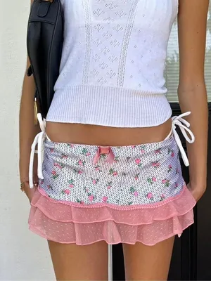 NWOT Vintage Jezebel Floral Polka Dot Ruffle Tiered Micro Mini Skirt Size Small thumbnail 1