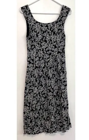 ANN TAYLOR LOFT Black White Rose Floral Print V-Neck Sleeveless Midi Shift Dress thumbnail 8