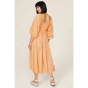 LOUNA Orange Square Neckline Puff Sleeves Chic Flowy Midi Dress size Medium thumbnail 13