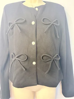 RIVIR Black Knit Jacket Size M Bow Detail Pearl Rhinestone Buttons Collarless thumbnail 5