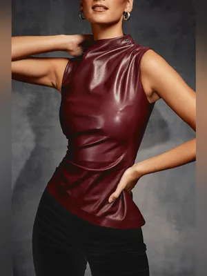 HOUSE OF CB ALLEGRA Wine Vegan Leather Asymmetric Top, Size X-Small, $148 thumbnail 3