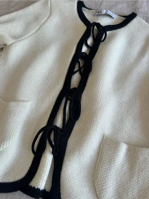 Zara Cream Tie Front Knit Cardigan Contrast Trim Large thumbnail 2