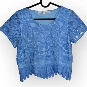 Lovers & Friends Daycation Lace Embroidered Boho Crop Top in light baby Blue XS thumbnail 2
