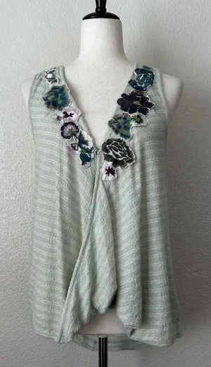 Free People Frida Mint Green Floral Embroidered Gauzy Knit Tank Top, Sz Medium thumbnail 1