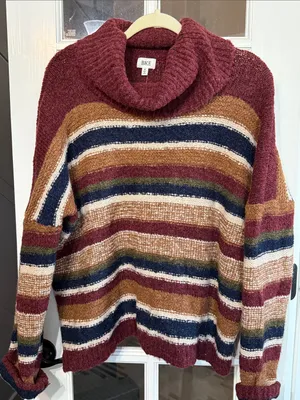 BKE Oversized Fuzzy Burgundy Stripe Cowlneck Sweater Med NWT GRANOLA GOBLINCORE thumbnail 1