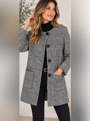 Zara Black & White Plaid Long Coat - Classic Women's Jacket Fall thumbnail 3
