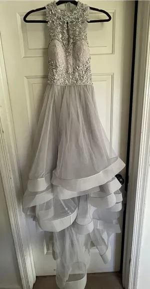 TLC Silver Lace Appliqué Asymmetrical High-Low Tulle Gown thumbnail 1