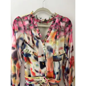 ALEXIS Leonie Mini Dress Abstract Print Long Sleeve Ruffle Tiered Belted Flowy S thumbnail 3